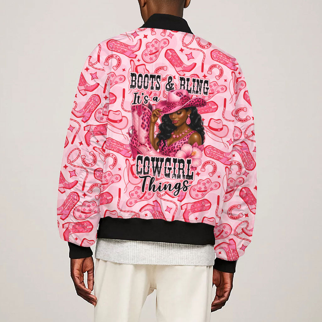Black Cowgirl Bomber Jacket Boots And Bling - Pink Leopard Western Diva Melanin