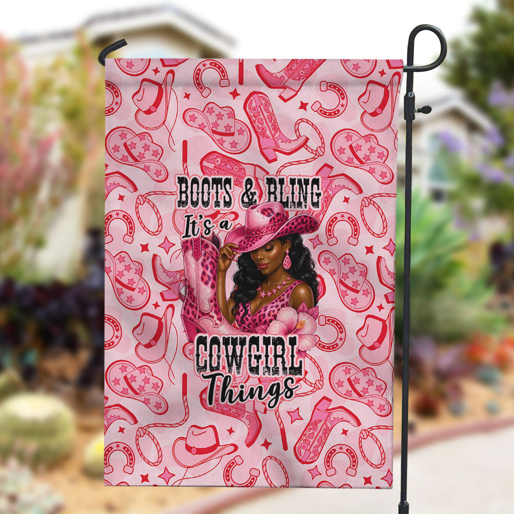 Black Cowgirl Garden Flag Boots And Bling - Pink Leopard Western Diva Melanin