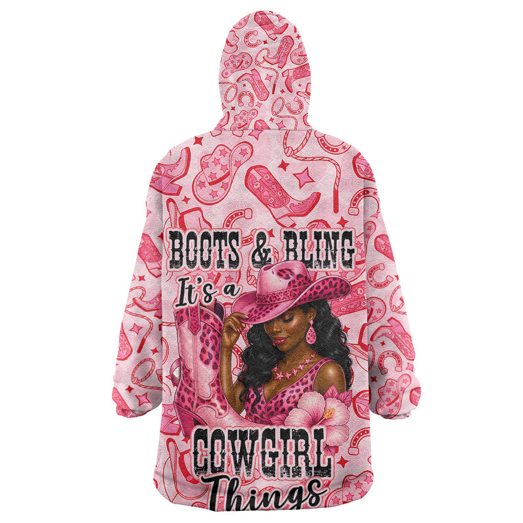 Black Cowgirl Kid Wearable Blanket Hoodie Boots And Bling - Pink Leopard Western Diva Melanin