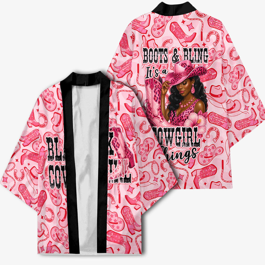 Black Cowgirl Kimono Boots And Bling - Pink Leopard Western Diva Melanin