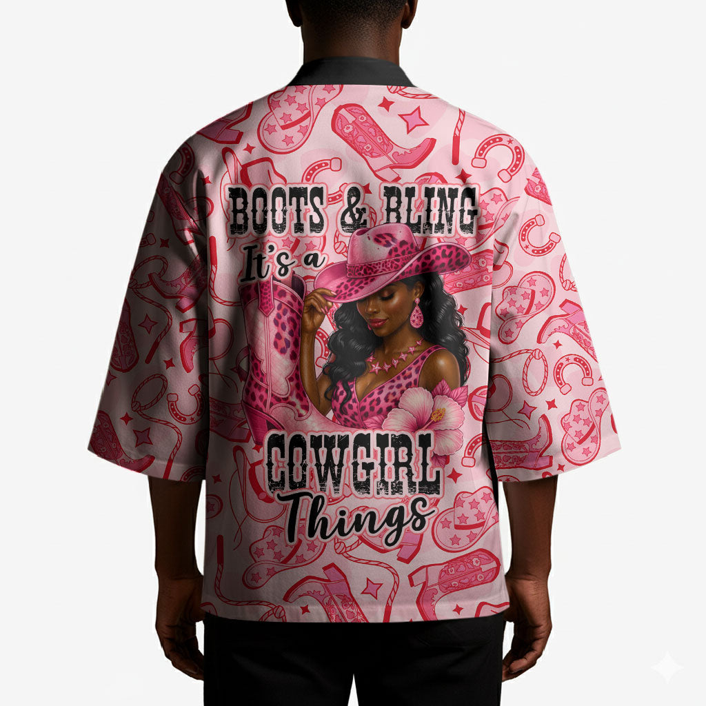 Black Cowgirl Kimono Boots And Bling - Pink Leopard Western Diva Melanin