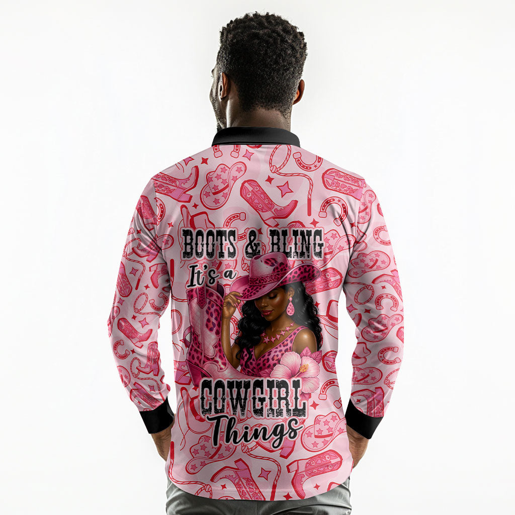 Black Cowgirl Long Sleeve Polo Shirt Boots And Bling - Pink Leopard Western Diva Melanin