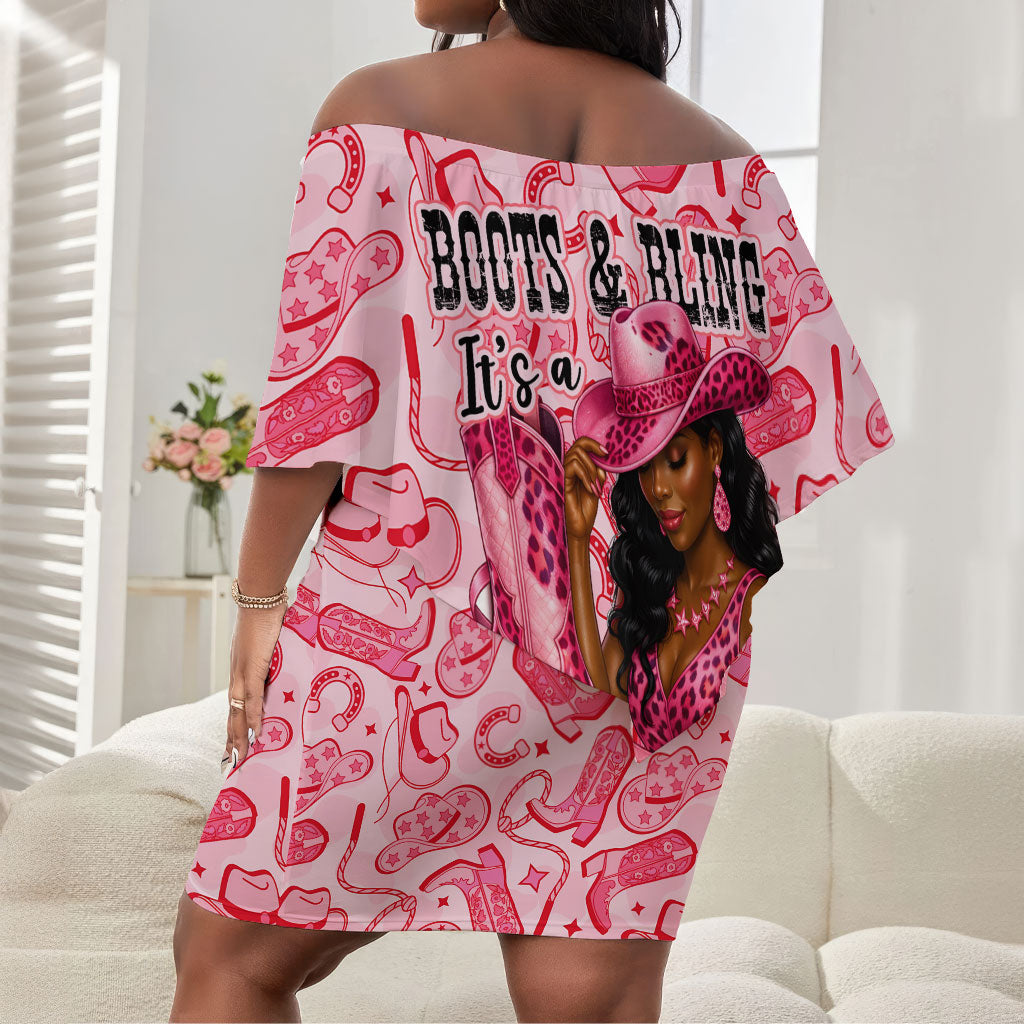 Black Cowgirl Off Shoulder Short Dress Boots And Bling - Pink Leopard Western Diva Melanin