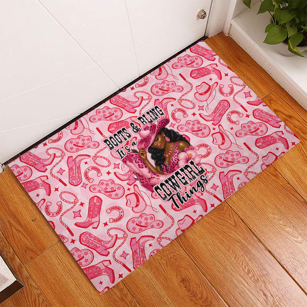 Black Cowgirl Rubber Doormat Boots And Bling - Pink Leopard Western Diva Melanin