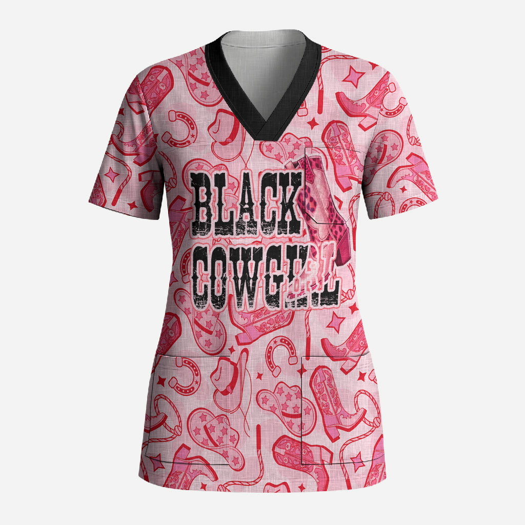 Black Cowgirl Scrub Top Boots And Bling - Pink Leopard Western Diva Melanin