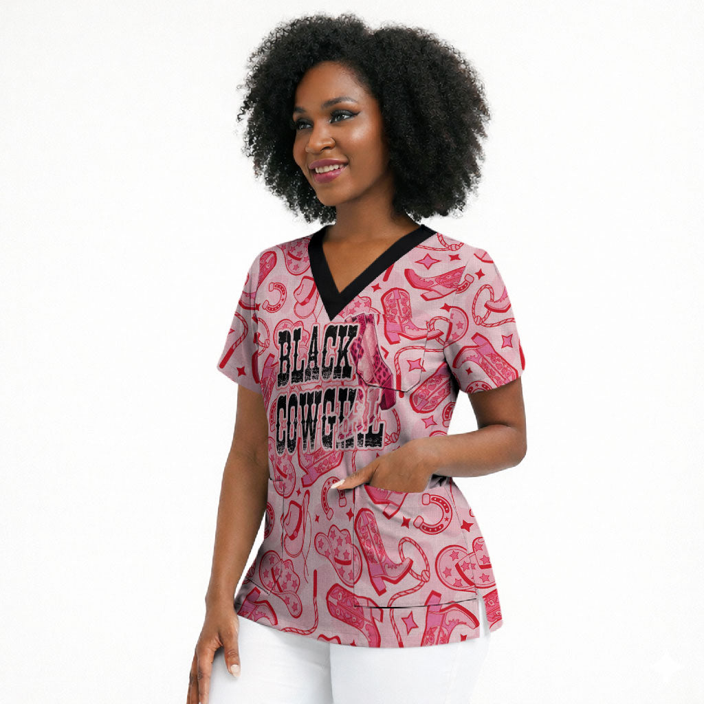 Black Cowgirl Scrub Top Boots And Bling - Pink Leopard Western Diva Melanin