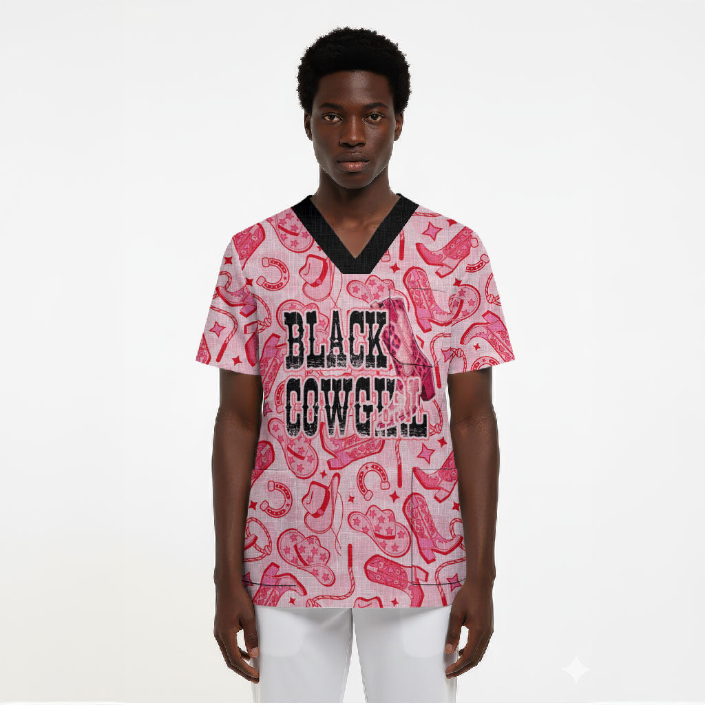 Black Cowgirl Scrub Top Boots And Bling - Pink Leopard Western Diva Melanin