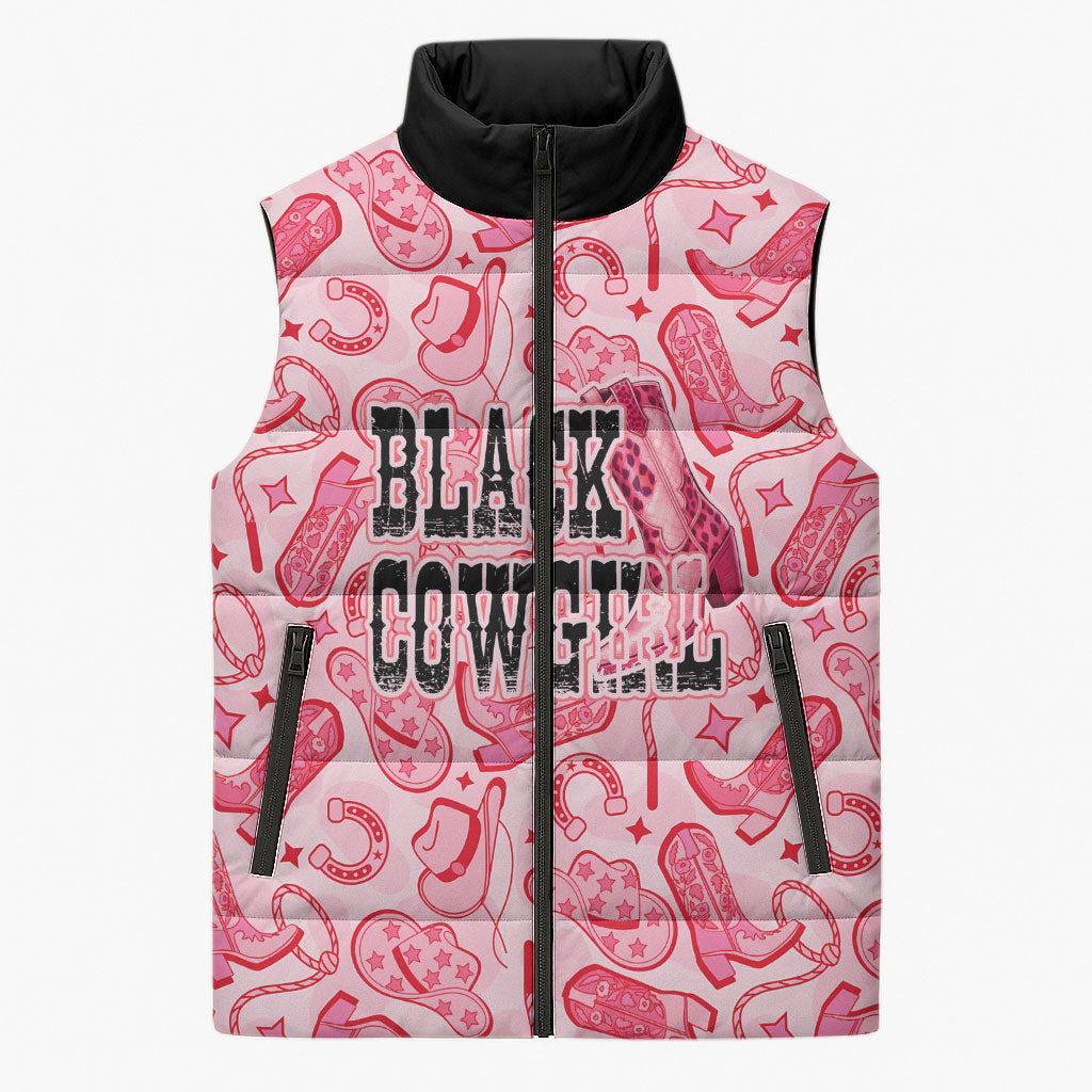 Black Cowgirl Sleeveless Puffer Jacket Boots And Bling - Pink Leopard Western Diva Melanin