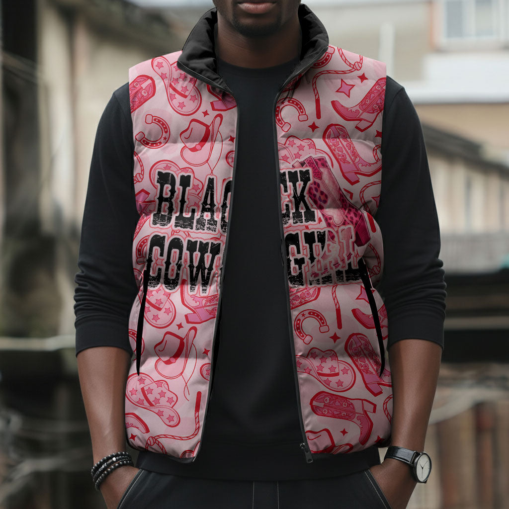 Black Cowgirl Sleeveless Puffer Jacket Boots And Bling - Pink Leopard Western Diva Melanin