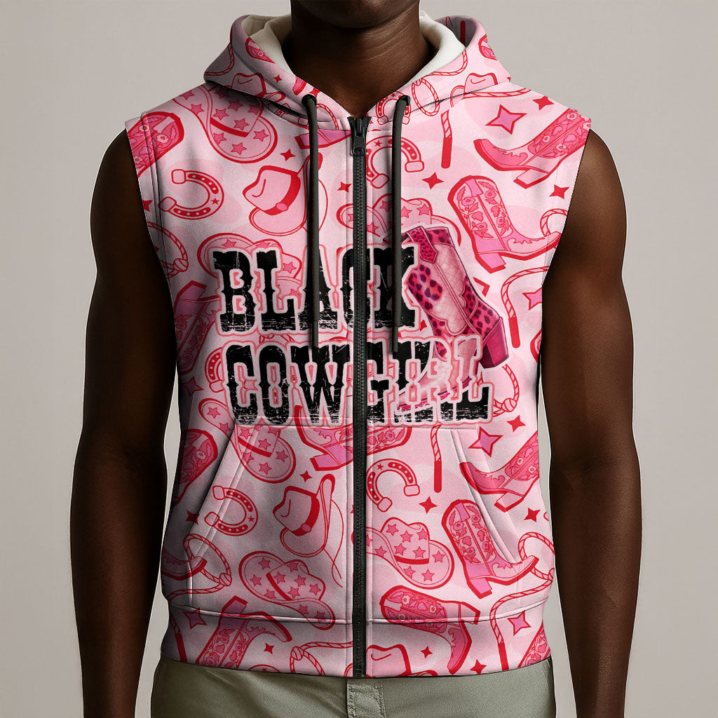 Black Cowgirl Sleeveless Zip Hoodie Boots And Bling - Pink Leopard Western Diva Melanin