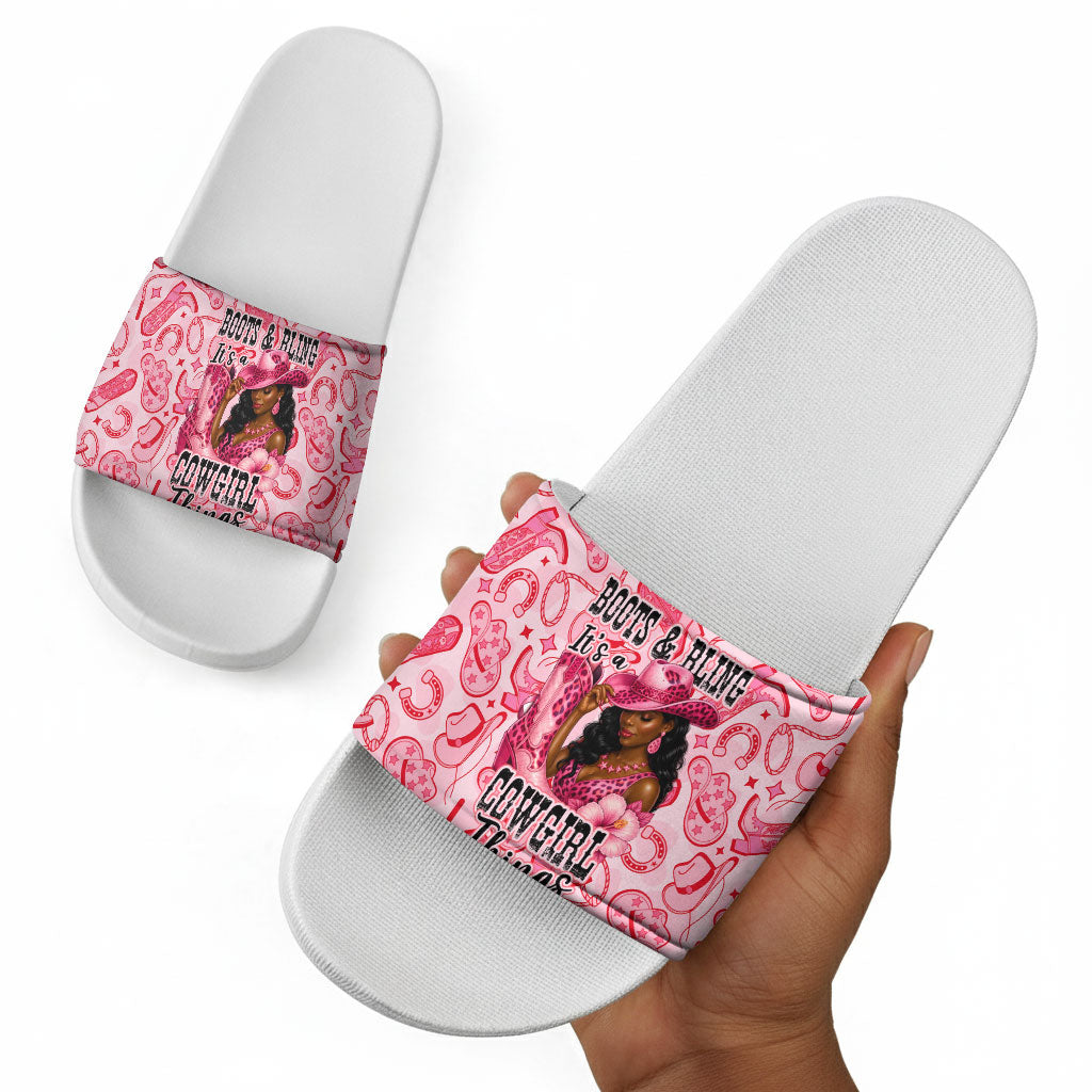 Black Cowgirl Slide Sandals Boots And Bling - Pink Leopard Western Diva Melanin