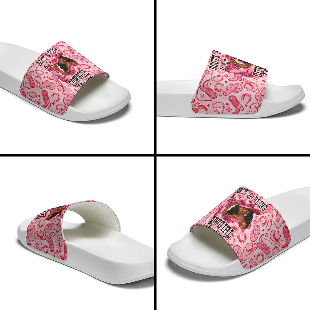 Black Cowgirl Slide Sandals Boots And Bling - Pink Leopard Western Diva Melanin