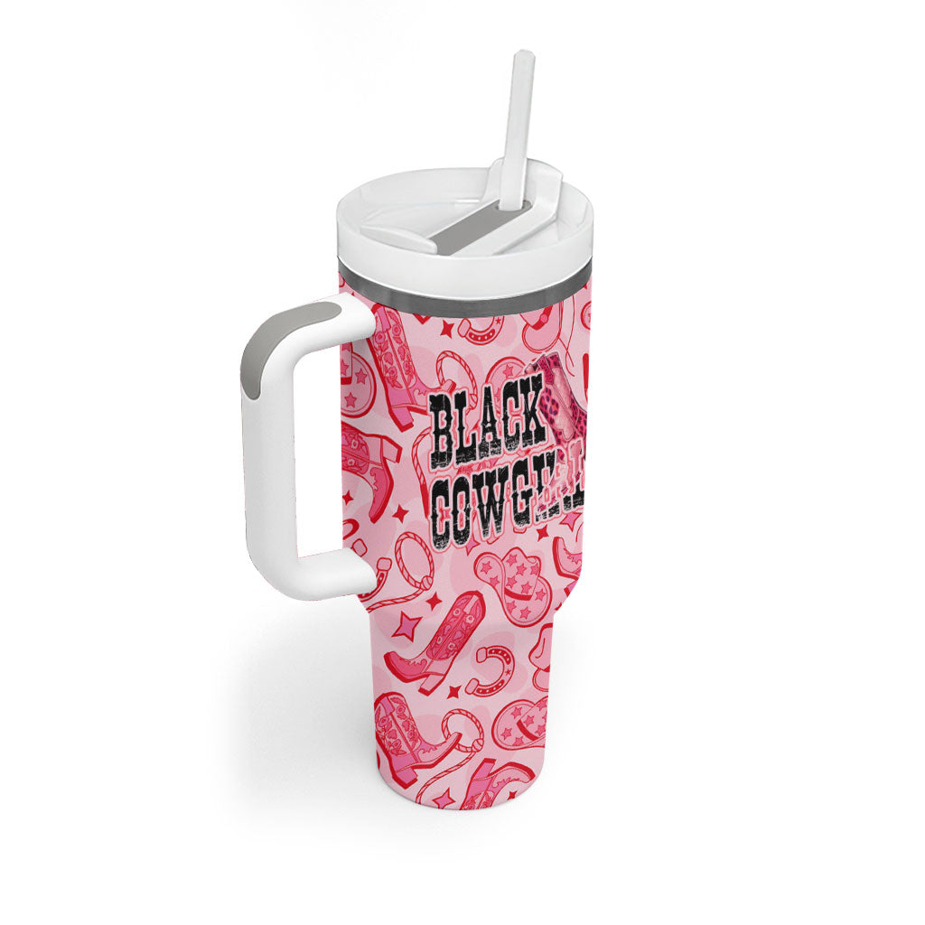 Black Cowgirl Tumbler With Handle Boots And Bling - Pink Leopard Western Diva Melanin