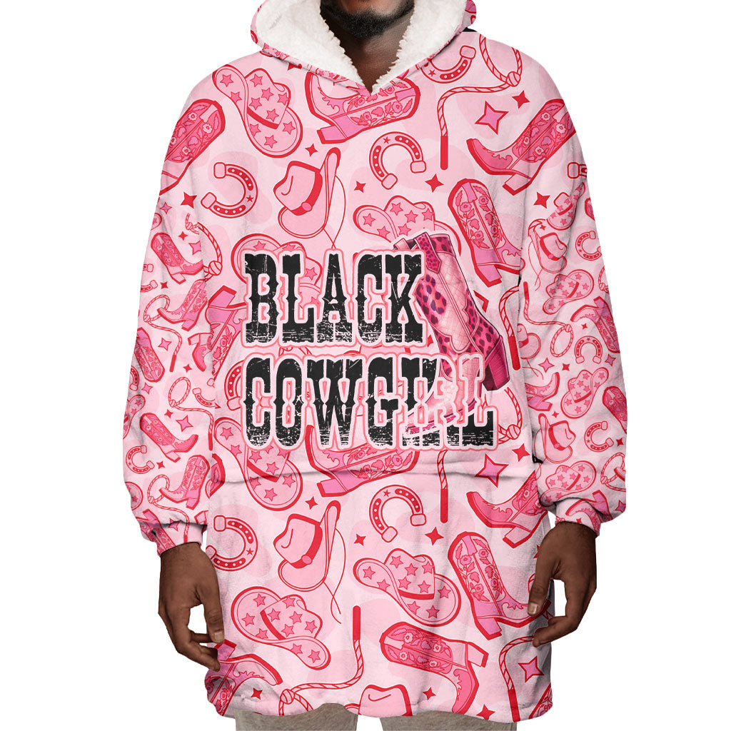 Black Cowgirl Wearable Blanket Hoodie Boots And Bling - Pink Leopard Western Diva Melanin