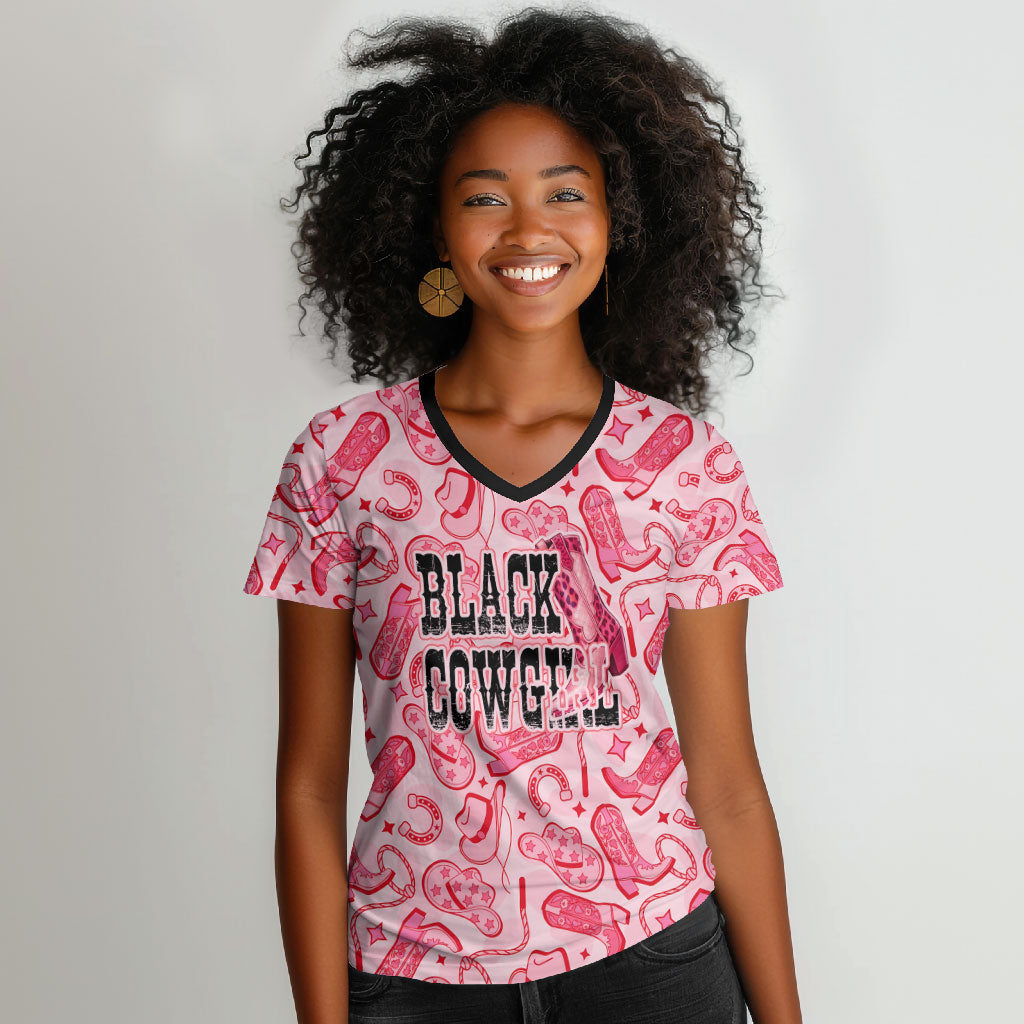 Black Cowgirl Women V-Neck T-Shirt Boots And Bling - Pink Leopard Western Diva Melanin