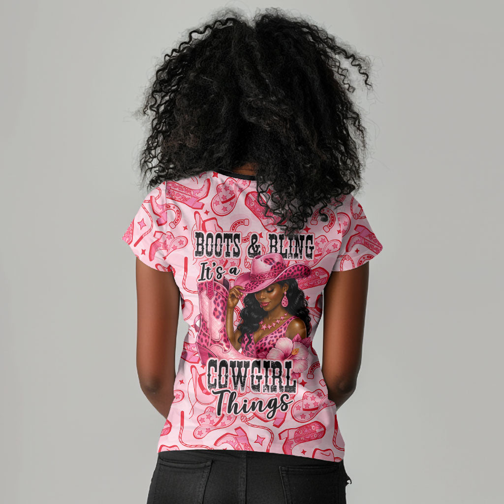 Black Cowgirl Women V-Neck T-Shirt Boots And Bling - Pink Leopard Western Diva Melanin