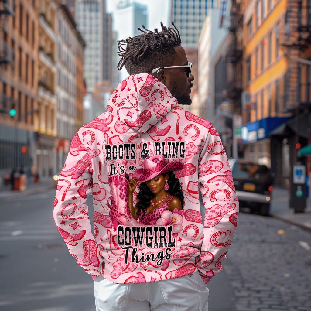 Black Cowgirl Zip Hoodie Boots And Bling - Pink Leopard Western Diva Melanin