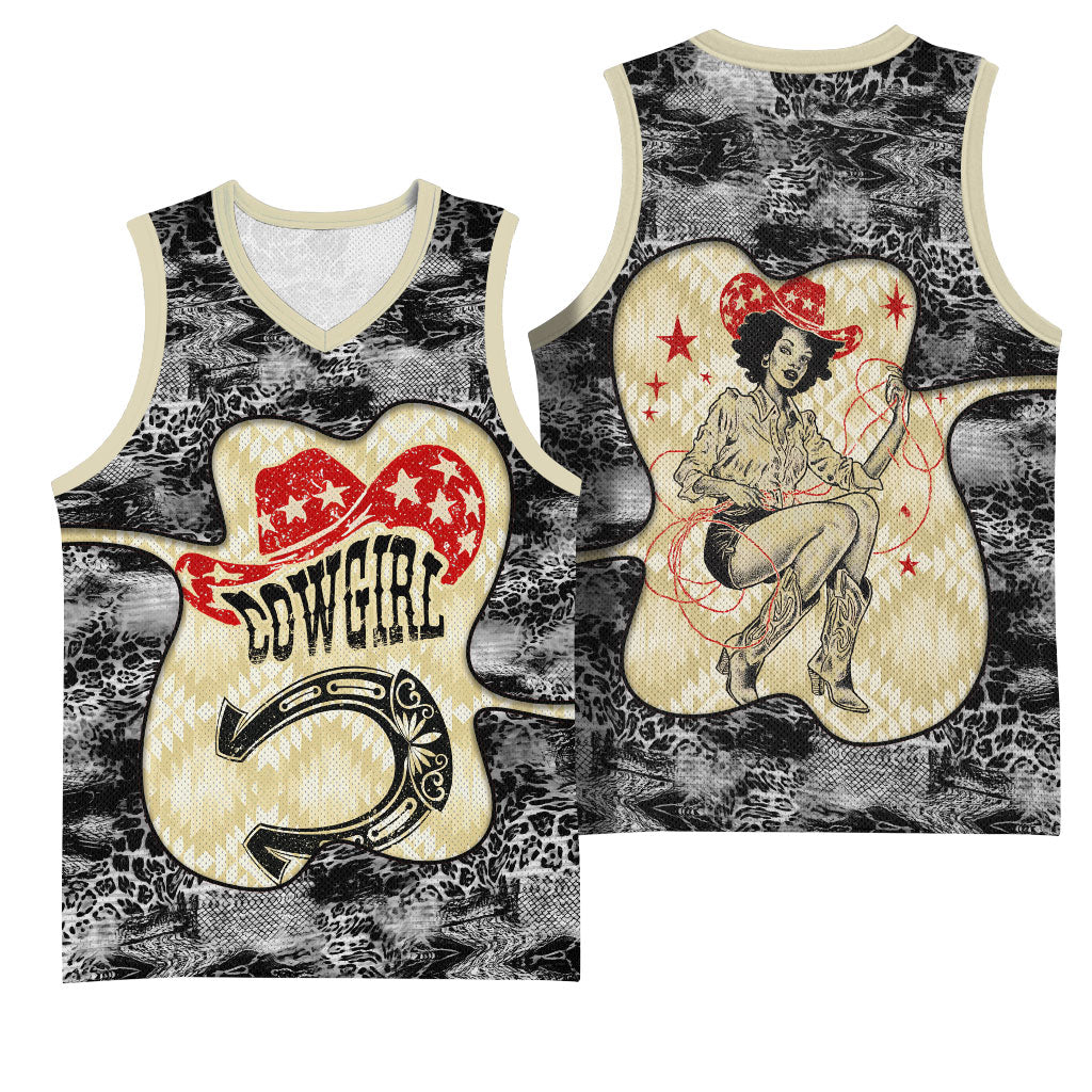 Black Cowgirl Lasso Horseshoe Basketball Jersey Vintage Retro Leopard Animal
