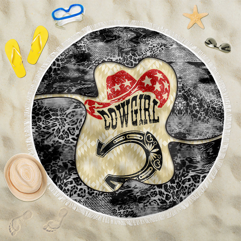 Black Cowgirl Lasso Horseshoe Beach Blanket Vintage Retro Leopard Animal
