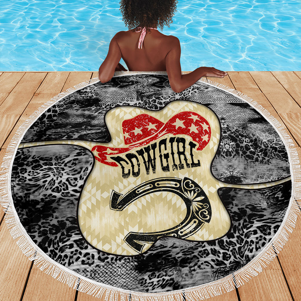 Black Cowgirl Lasso Horseshoe Beach Blanket Vintage Retro Leopard Animal