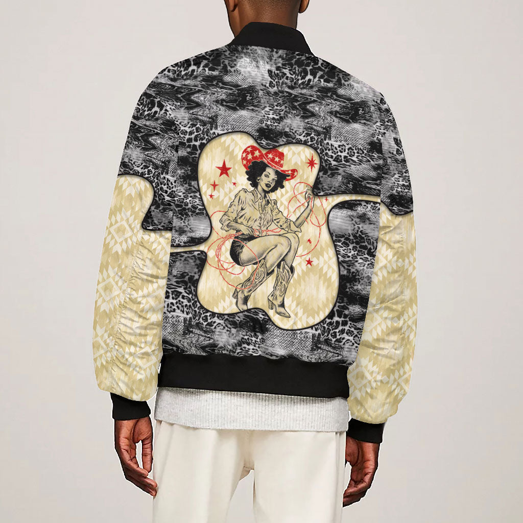 Black Cowgirl Lasso Horseshoe Bomber Jacket Vintage Retro Leopard Animal