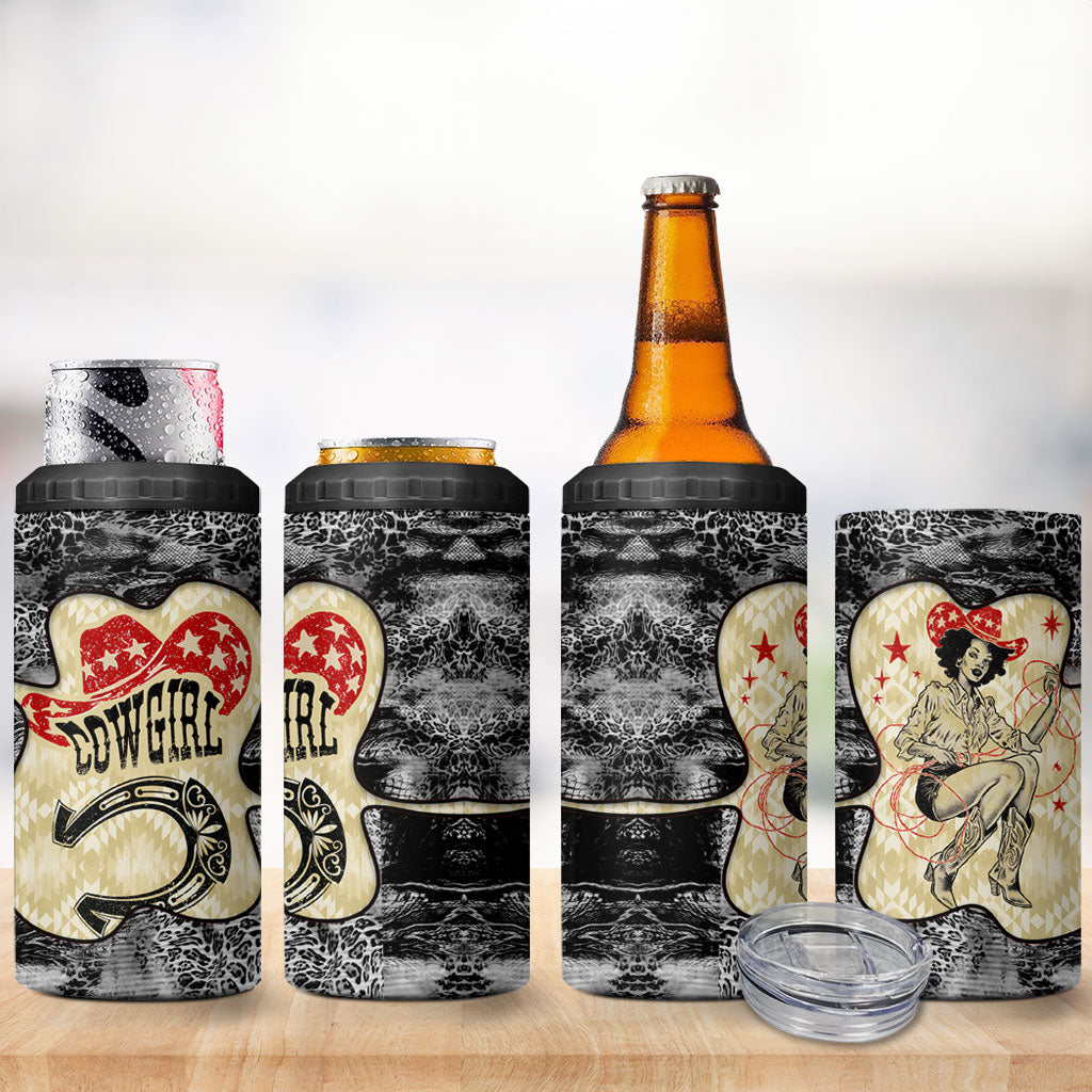 Black Cowgirl Lasso Horseshoe 4 in 1 Can Cooler Tumbler Vintage Retro Leopard Animal