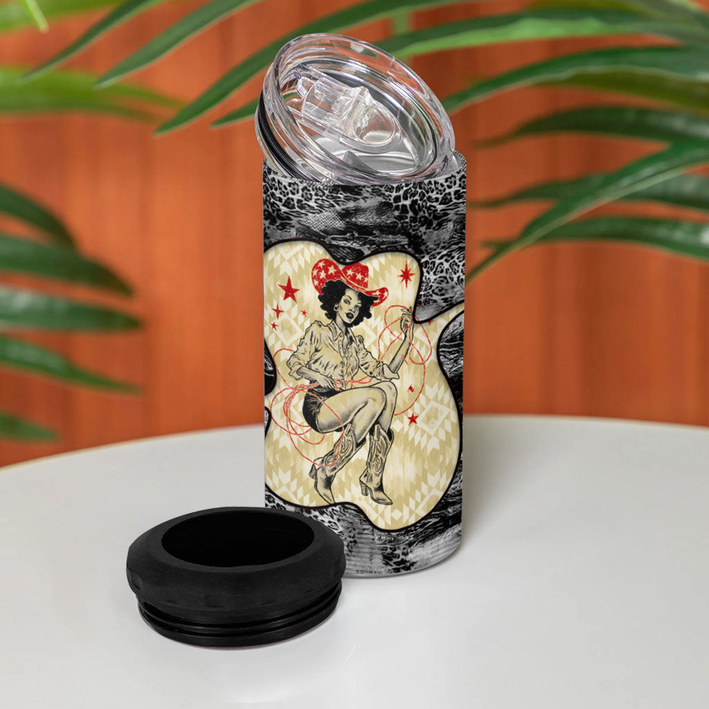 Black Cowgirl Lasso Horseshoe 4 in 1 Can Cooler Tumbler Vintage Retro Leopard Animal