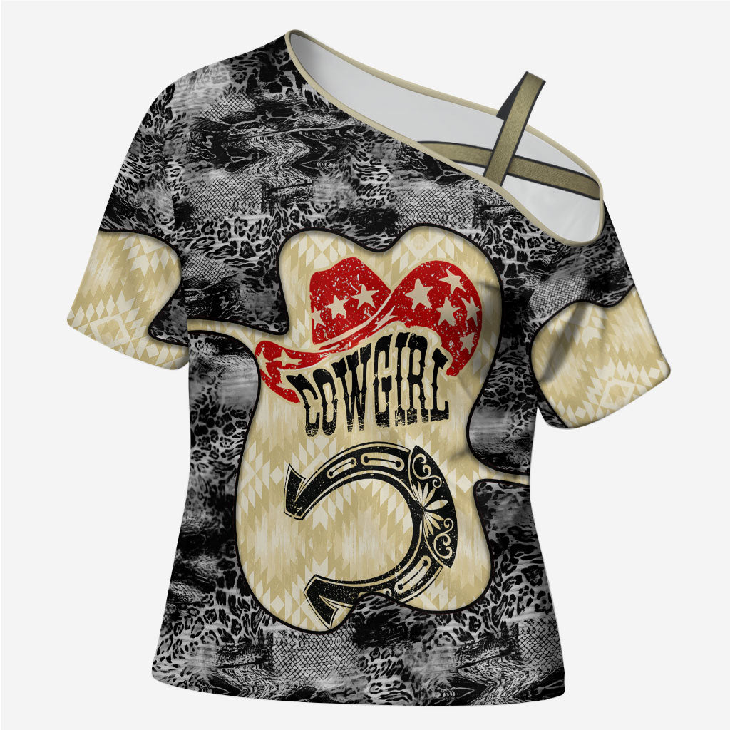 Black Cowgirl Lasso Horseshoe Cross Shoulder Shirt Vintage Retro Leopard Animal