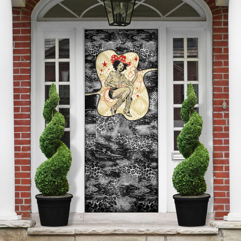 Black Cowgirl Lasso Horseshoe Door Cover Vintage Retro Leopard Animal