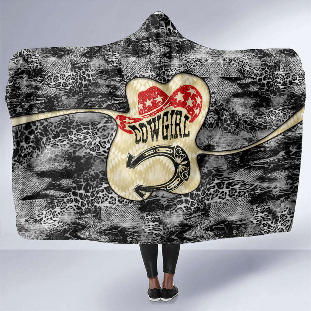 Black Cowgirl Lasso Horseshoe Hooded Blanket Vintage Retro Leopard Animal