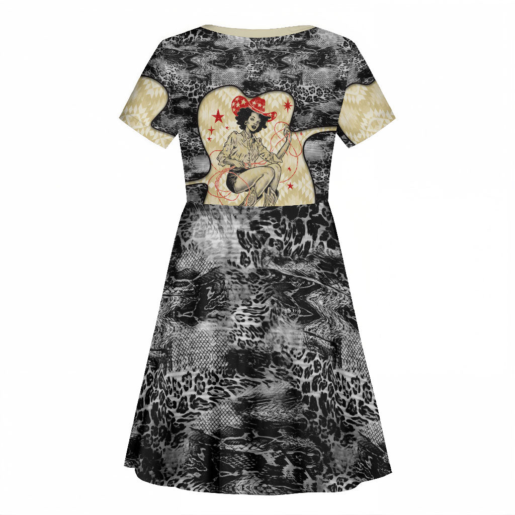 Black Cowgirl Lasso Horseshoe Kid Short Sleeve Dress Vintage Retro Leopard Animal