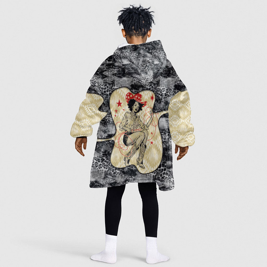 Black Cowgirl Lasso Horseshoe Kid Wearable Blanket Hoodie Vintage Retro Leopard Animal