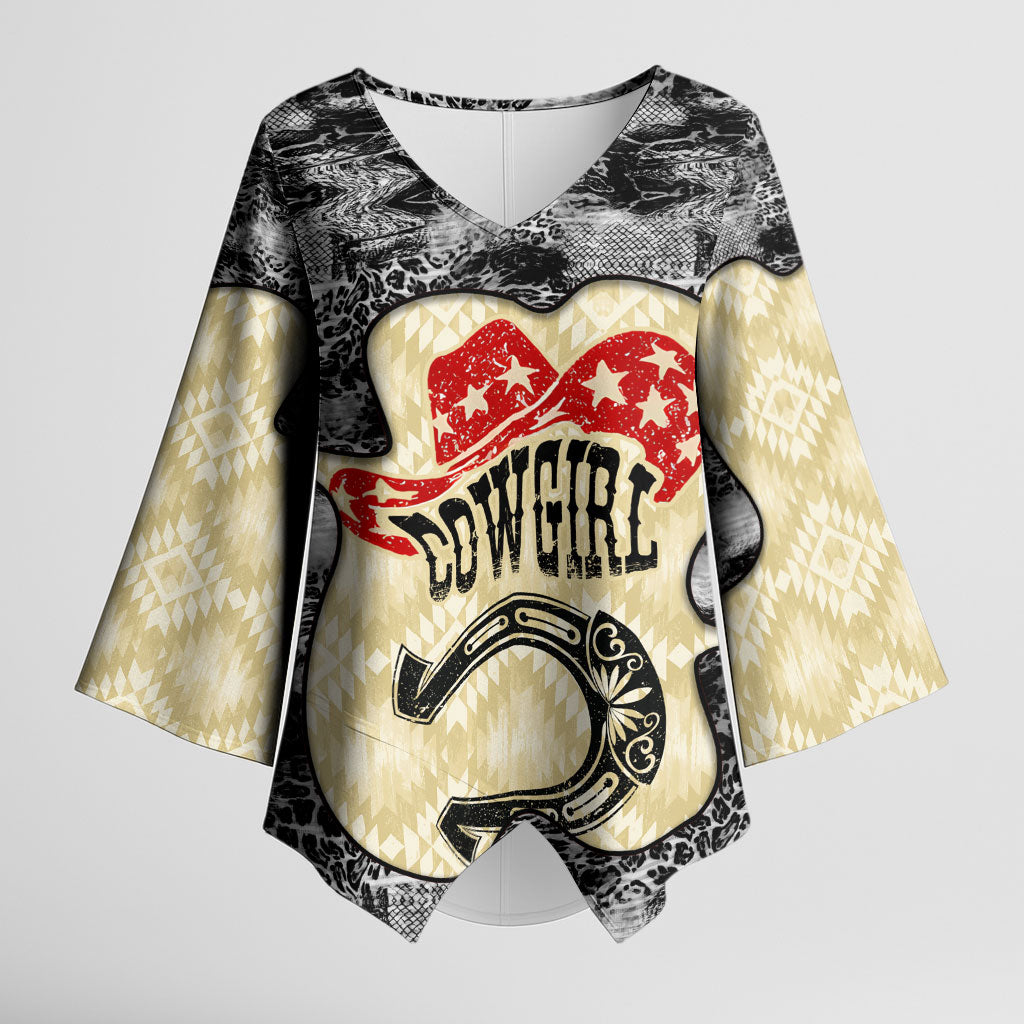 Black Cowgirl Lasso Horseshoe Kimono Sleeve Blouse Vintage Retro Leopard Animal