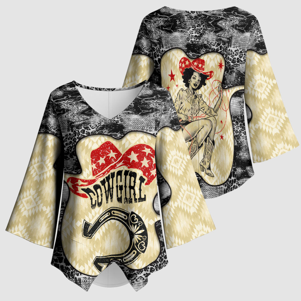 Black Cowgirl Lasso Horseshoe Kimono Sleeve Blouse Vintage Retro Leopard Animal