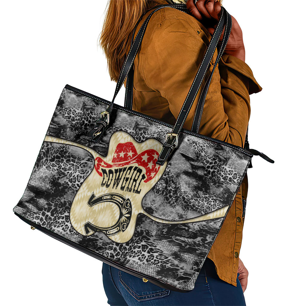 Black Cowgirl Lasso Horseshoe Leather Tote Bag Vintage Retro Leopard Animal