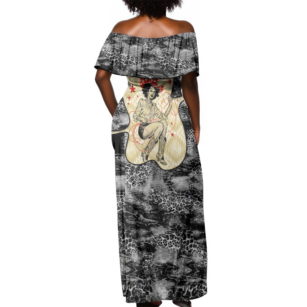 Black Cowgirl Lasso Horseshoe Off Shoulder Maxi Dress Vintage Retro Leopard Animal