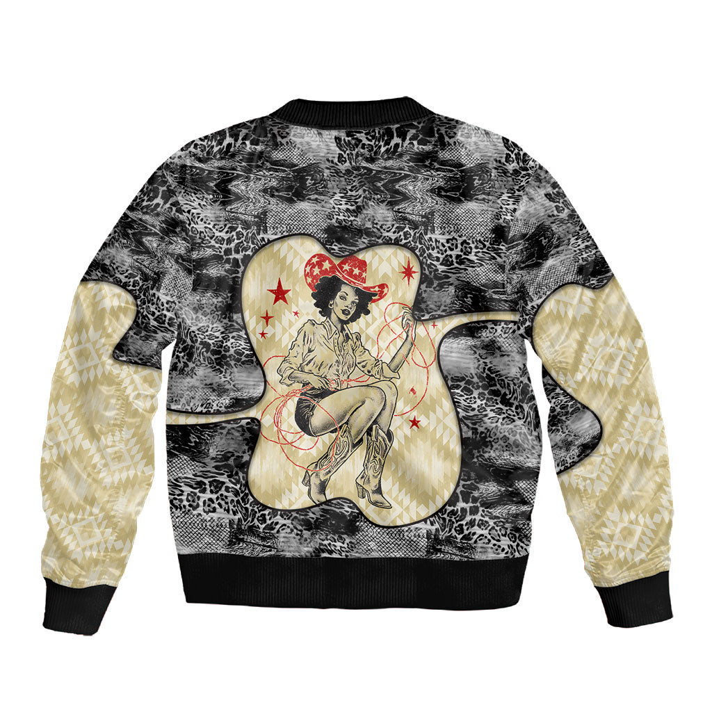 Black Cowgirl Lasso Horseshoe Sleeve Zip Bomber Jacket Vintage Retro Leopard Animal