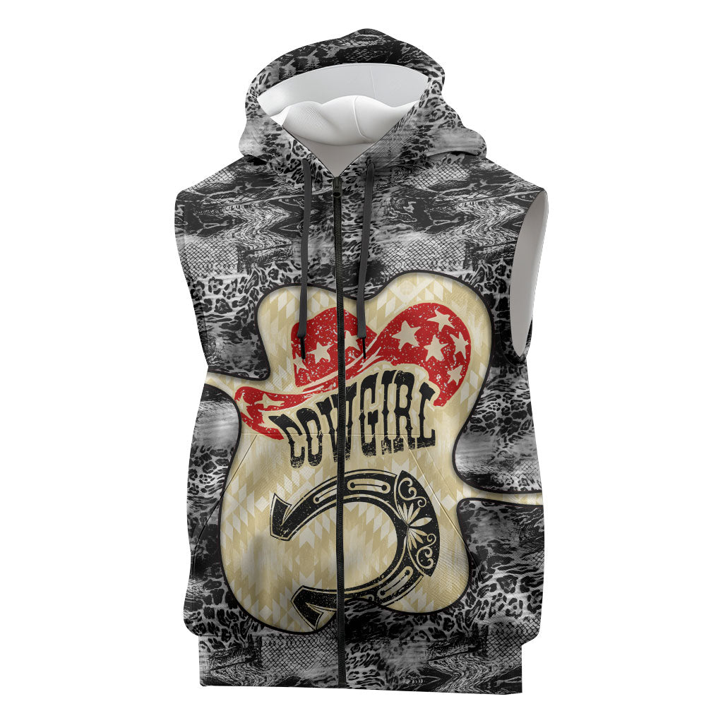 Black Cowgirl Lasso Horseshoe Sleeveless Zip Hoodie Vintage Retro Leopard Animal