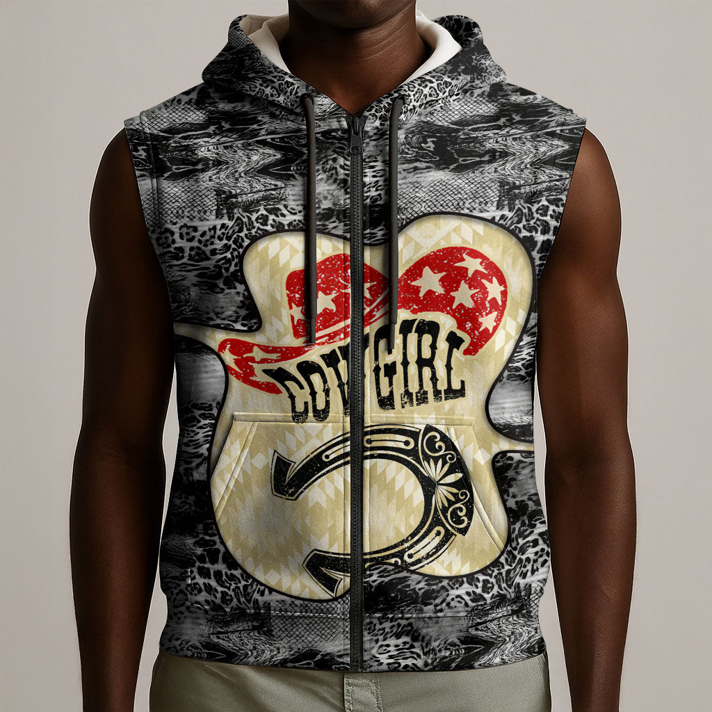 Black Cowgirl Lasso Horseshoe Sleeveless Zip Hoodie Vintage Retro Leopard Animal