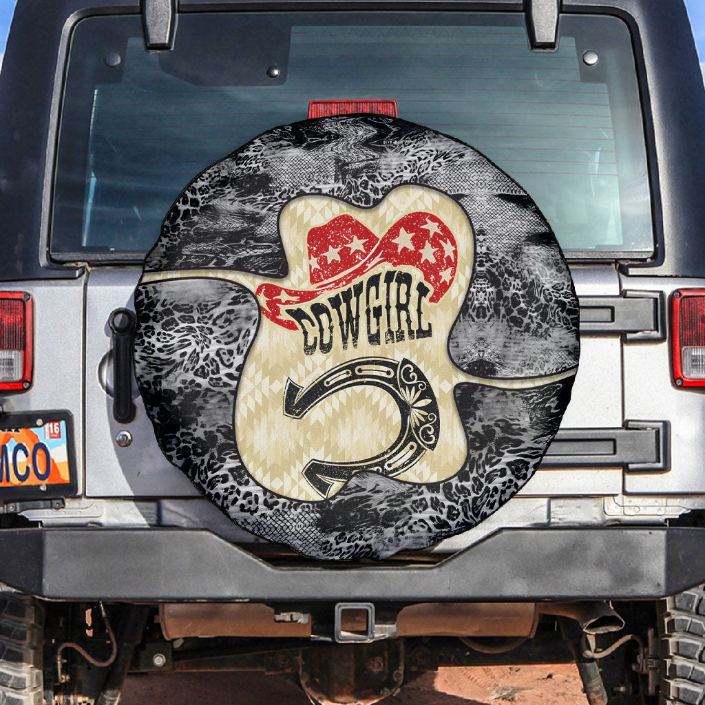 Black Cowgirl Lasso Horseshoe Spare Tire Cover Vintage Retro Leopard Animal