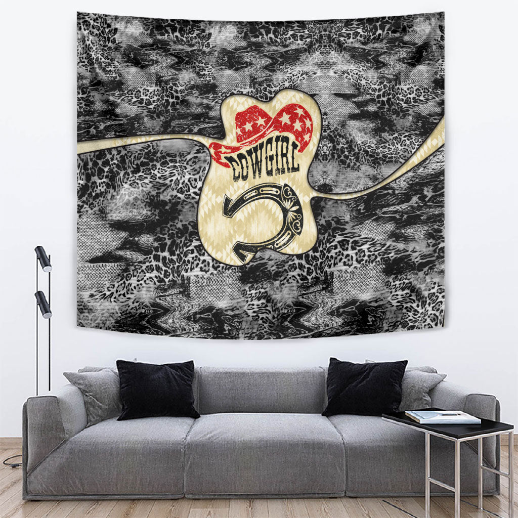 Black Cowgirl Lasso Horseshoe Tapestry Vintage Retro Leopard Animal