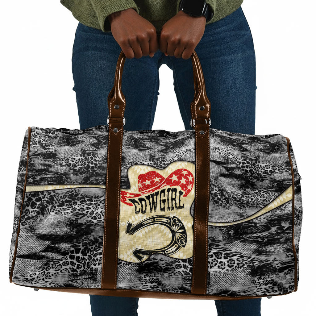 Black Cowgirl Lasso Horseshoe Travel Bag Vintage Retro Leopard Animal