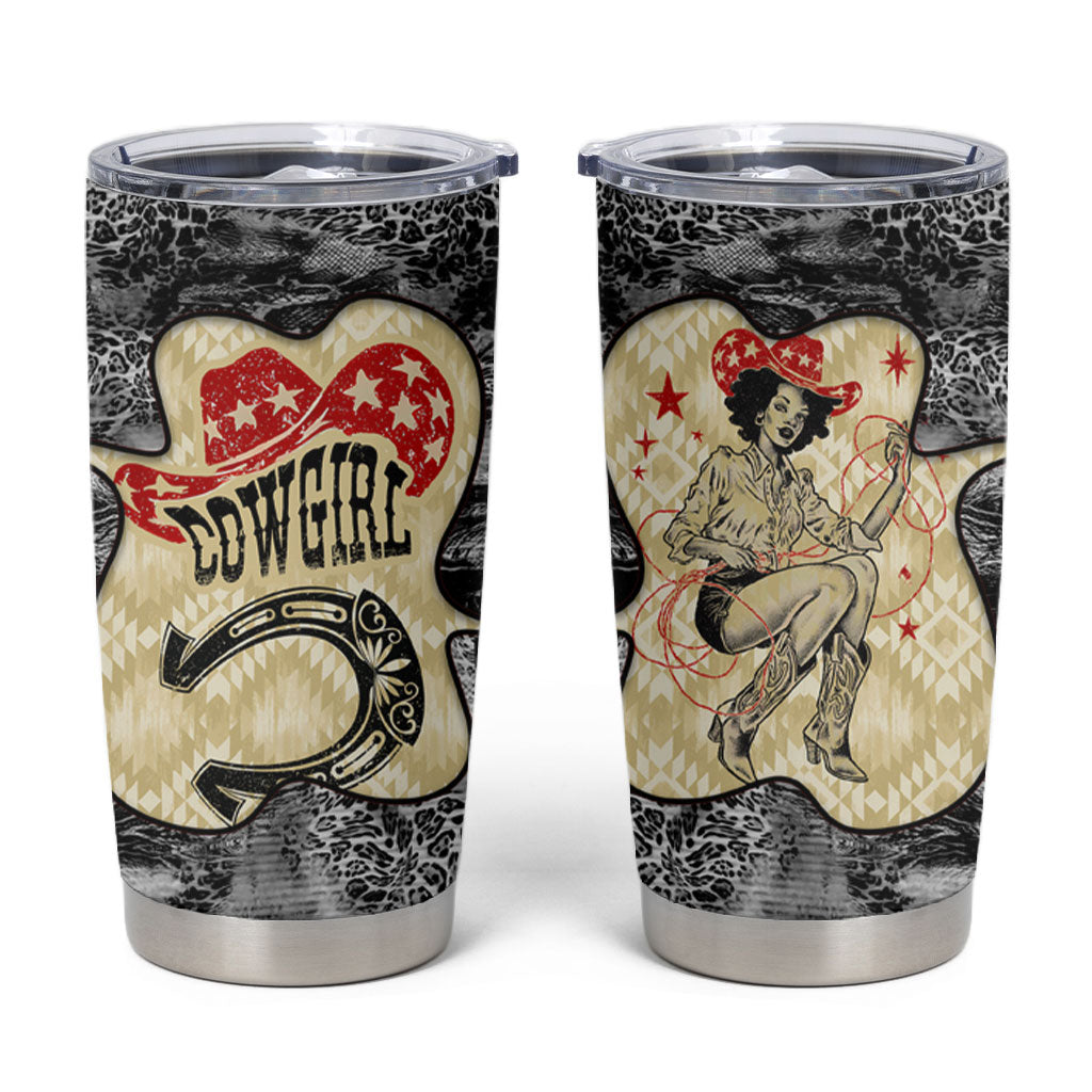 Black Cowgirl Lasso Horseshoe Tumbler Cup Vintage Retro Leopard Animal