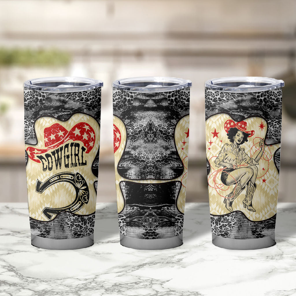 Black Cowgirl Lasso Horseshoe Tumbler Cup Vintage Retro Leopard Animal