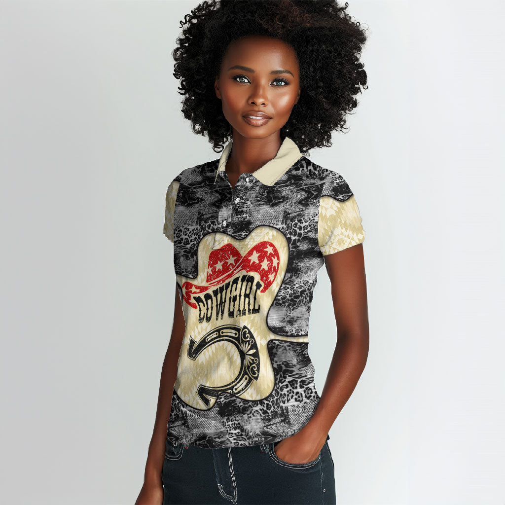 Black Cowgirl Lasso Horseshoe Women Polo Shirt Vintage Retro Leopard Animal