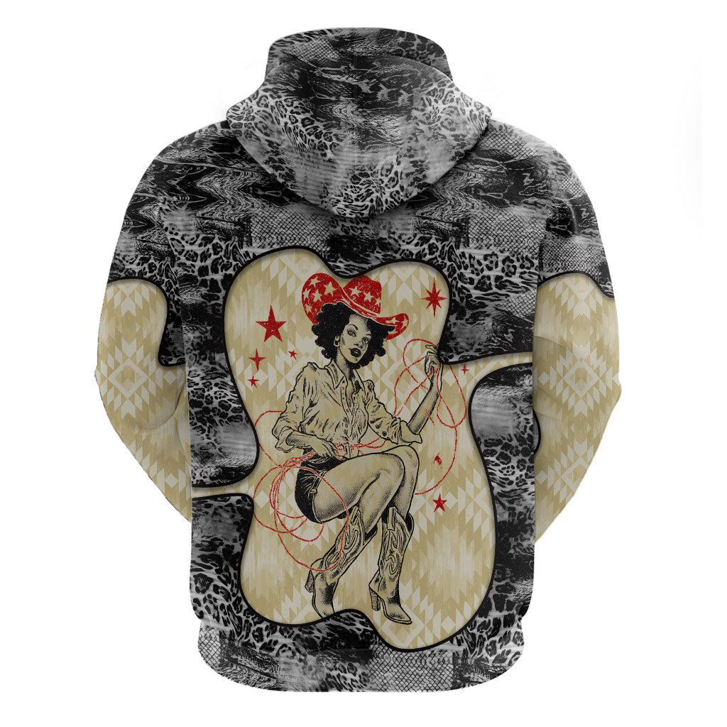 Black Cowgirl Lasso Horseshoe Zip Hoodie Vintage Retro Leopard Animal