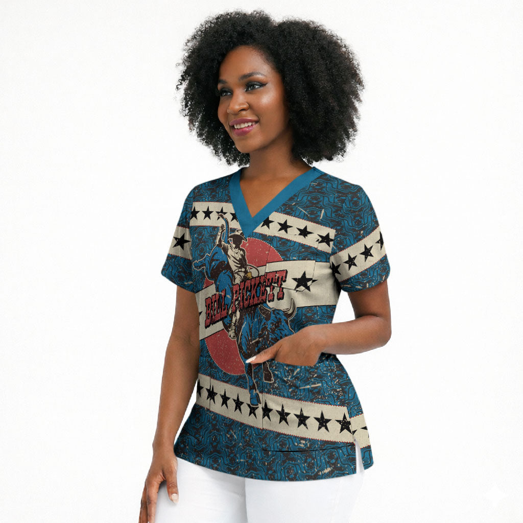 Bill Pickett Black Cowboy Scrub Top Western American Heritage - Grunge Stars And Stripes