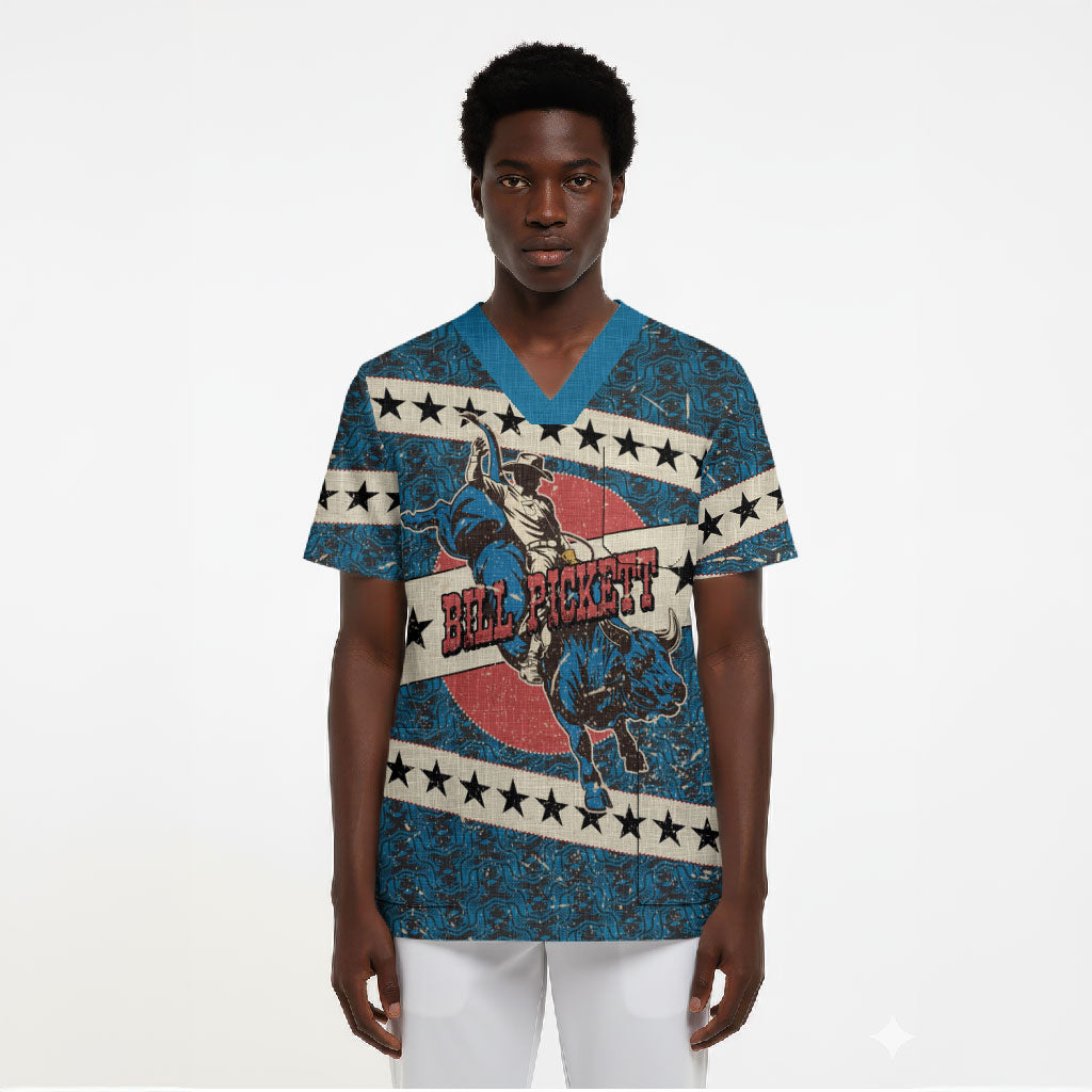 Bill Pickett Black Cowboy Scrub Top Western American Heritage - Grunge Stars And Stripes