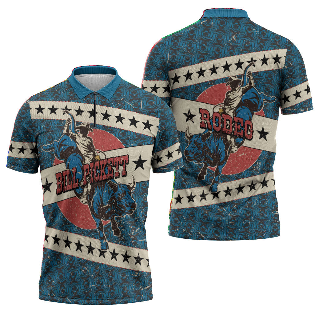 Bill Pickett Black Cowboy Zipper Polo Shirt Western American Heritage - Grunge Stars And Stripes