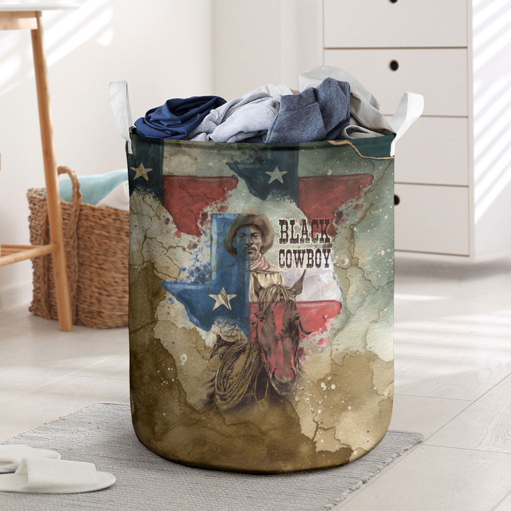 Bill Pickett Texas Flag Laundry Basket Black Cowboy - Vintage Grunge Watercolor - Horseback Rider Heritage